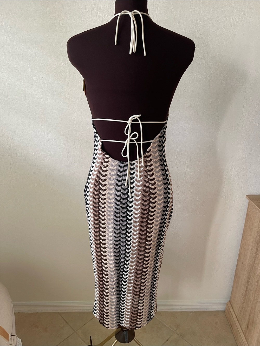 Cider Halter Knit Midi Dress in Black, Brown, Cream Stripes small open back - Picture 4 of 4